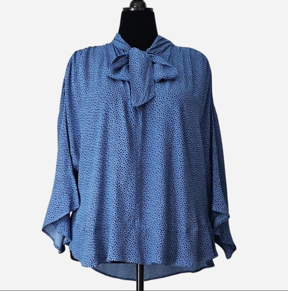 ZARA Women's Blue Bow-Tie Long‎ Sleeve Patterned Blouse. Sz XL